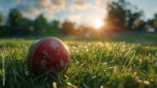 A day at the cricket field with a ball resting on the lush grass photo