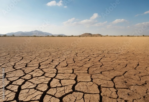 Dry cracked land without crops to horizon. Dead soil and agricultural problems. Concept of global warming and drying up of rivers. Ai generation