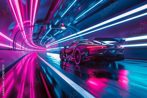 Vibrant neon lights illuminate a car as it speeds through a tunnel  casting colorful reflections on the sleek surface.