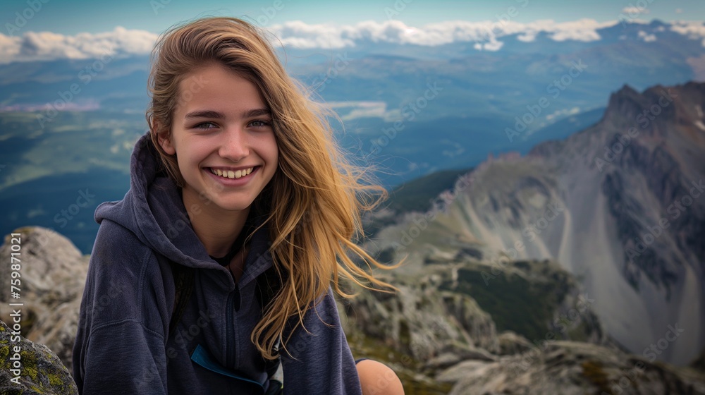 A mountain summit, a smiling model girl with a breathtaking view.