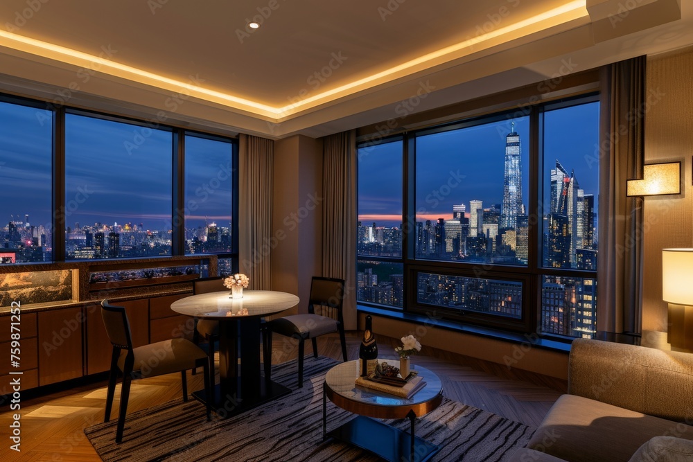 A lavish living space adorned with an array of furniture and featuring large windows offering a picturesque view. A lavish living space adorned with an array of furniture and featuring large windows offering a picturesque view.