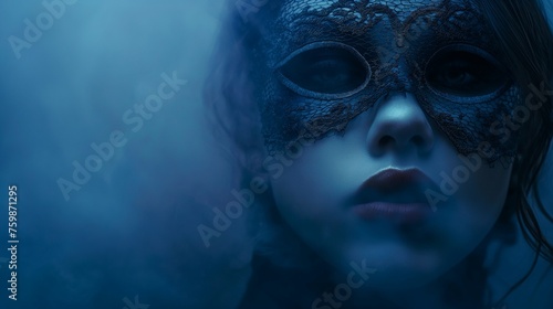 A mysterious atmosphere with a girl model wearing a lace mask, set against a misty indigo background, creating an enigmatic vibe.