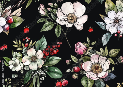Boutonniere of wild rose flowers and berries Seamless pattern, background. Outline hand drawing vector illustration. In botanical style