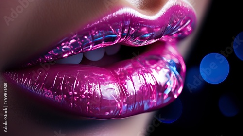 female lips extreme close up shot, pink glowing radium lips made with diamond engraved, shining effect, highly detailed, intricate, 8k - generative ai