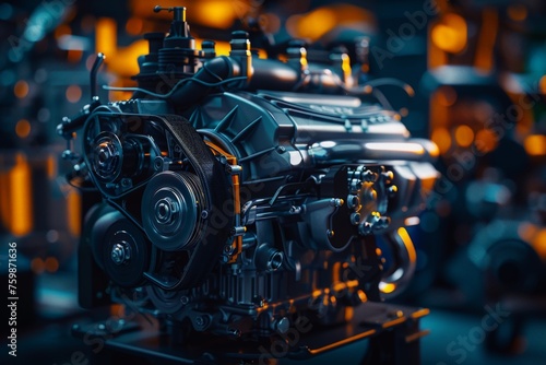 An isolated cutting-edge automotive engine displayed on a table, showcasing intricate details and advanced technology.