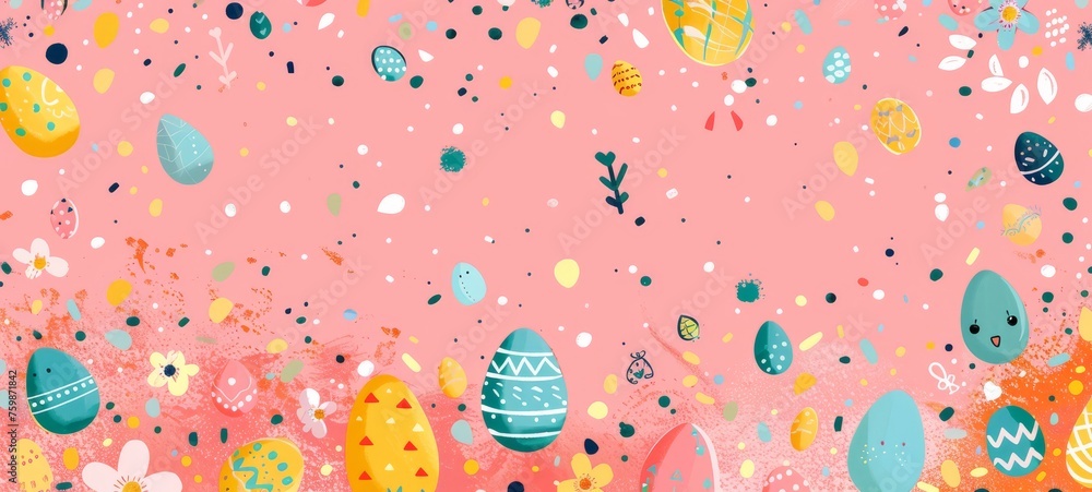 Pattern with Easter Confetti Celebration on pink background. Flat pattern poster with Easter-themed shapes and confetti. Happy Easter Cards & Greetings. Easter banner, poster, wallpaper