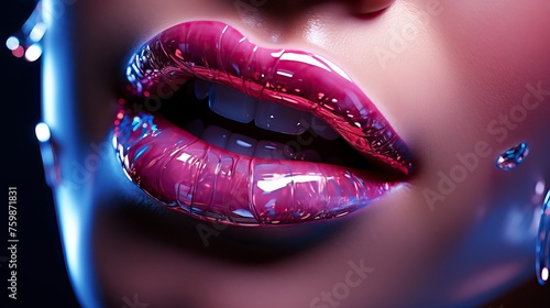 female lips extreme close up shot, pink glowing radium lips made with diamond engraved, shining effect, highly detailed, intricate, 8k - generative ai photo