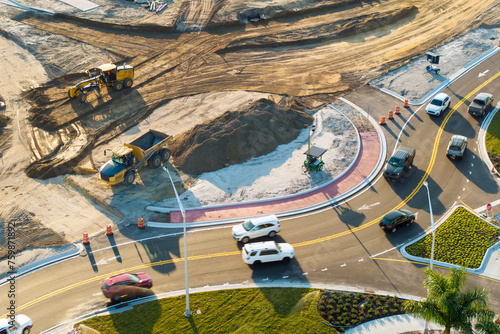Принти на полотні Roadworks construction site at roundabout intersection on American highway