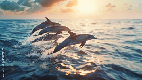 Synchronized Dolphins Jumping at Sunset AI Generated.