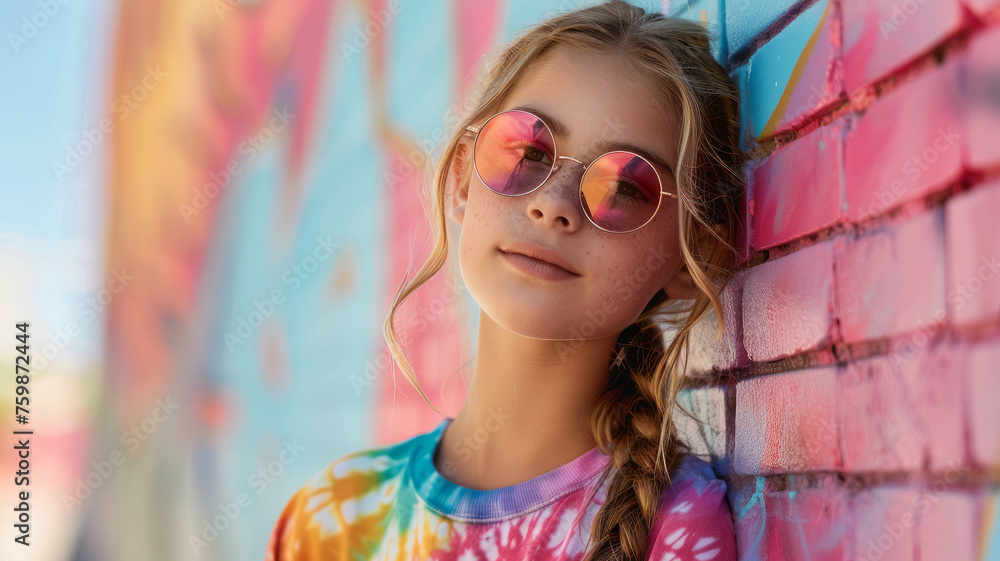 A young girl in sunglasses by a colorful wall. A young girl in sunglasses by a colorful wall.