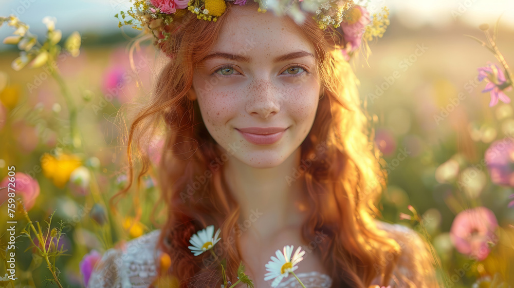 Young woman wearing flower crown in nature