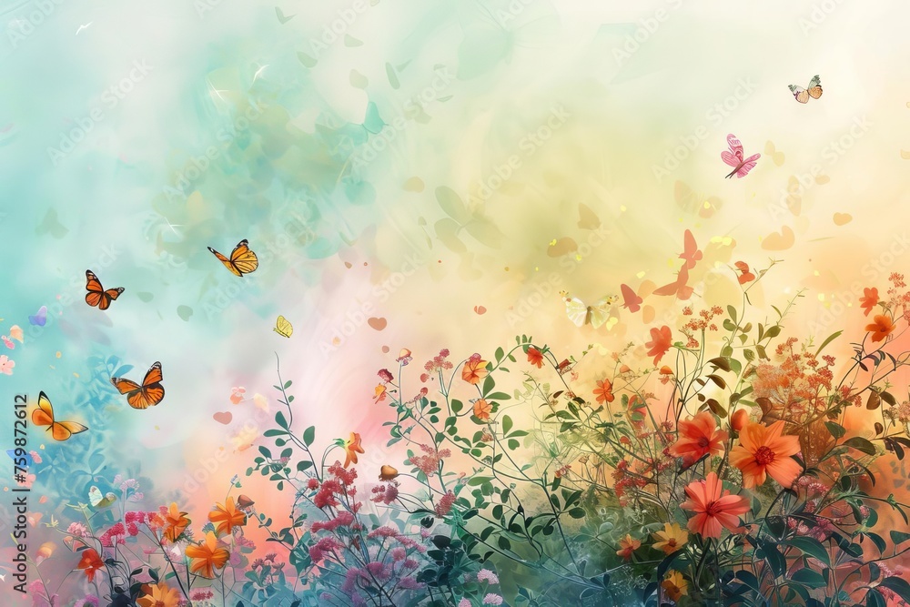 Abstract depiction of nature transitioning into spring Featuring blossoming flowers and fluttering butterflies against a fresh backdrop