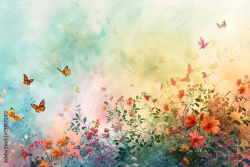 Abstract depiction of nature transitioning into spring Featuring blossoming flowers and fluttering butterflies against a fresh backdrop © Lucija