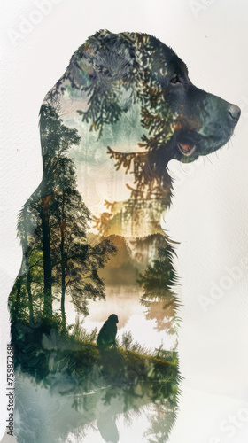 Double Exposure Bernese Mountain Dog Silhouette and Park Watercolor Art Gen AI