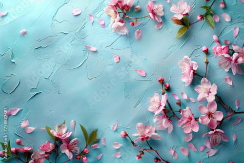 Spring light blue background with the texture of rough plaster, branches of blooming pink sakura lie on it, top view, flat lay. Space for text