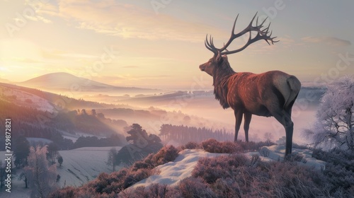 Magnificent Stag Surveying Misty Valley at Sunrise Image © AnimalAI