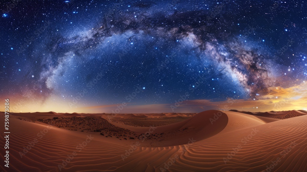 Amazing milky way over the dunes in the Sahara desert,Beautiful sand landscape with stunning sky full of stars and night under a starry sky. - obrazy, fototapety, plakaty 