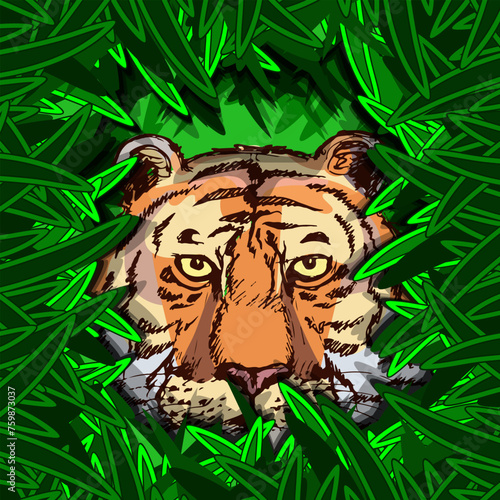 A tiger looks out from the thickets of grass. Hunting a wild animal in the jungle. Vector illustration