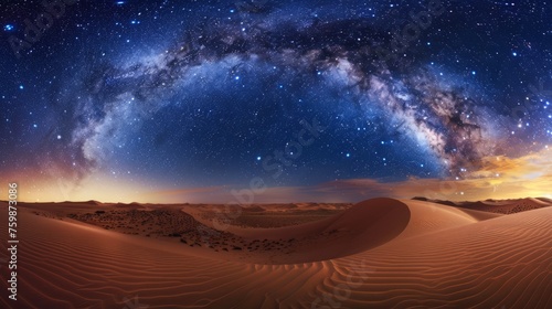 Amazing milky way over the dunes in the Sahara desert Beautiful sand landscape with stunning sky full of stars and night under a starry sky.