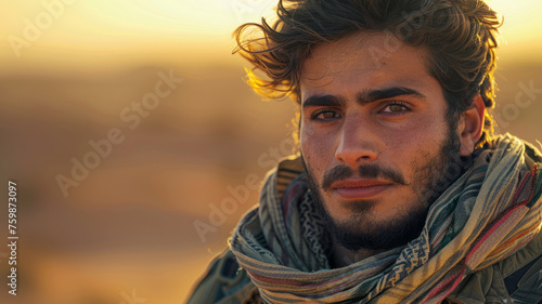 Young man with headscarf at sunset.