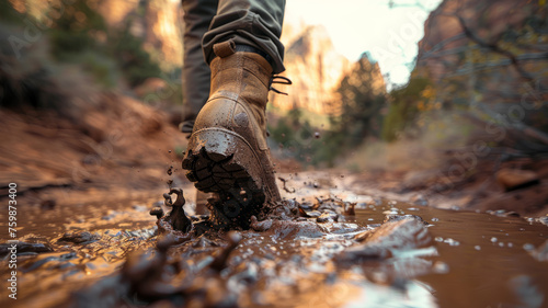 Person hiking in muddy terrain