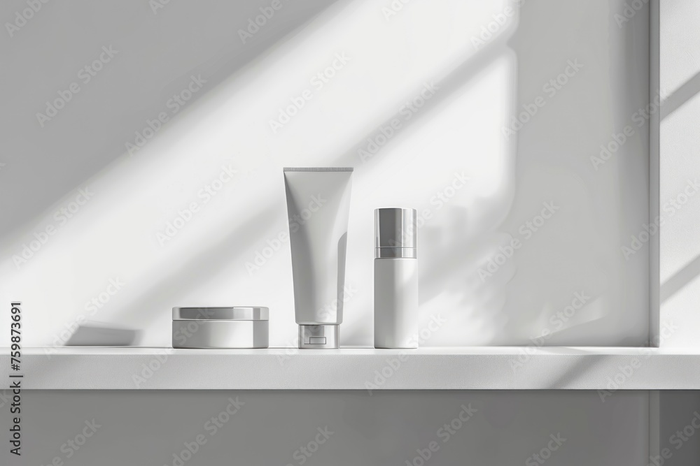 Mock-up white cosmetic bottles and a cream jar on a white shelf against a light background Mock-up white cosmetic bottles and a cream jar on a white shelf against a light background