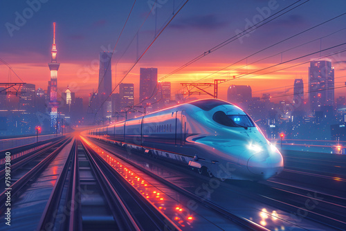 High-speed train approaching in futuristic city during sunset. Digital art style with dynamic motion and vibrant lighting. Urban transportation and travel concept. Design for poster, banner, wallpaper