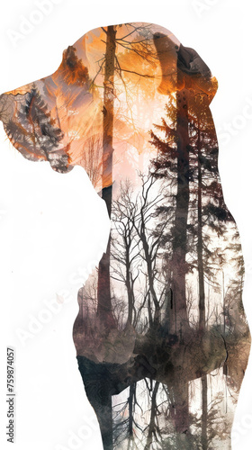 Double Exposure: Bloodhound Silhouette and Park Scenery Watercolor Art Gen AI