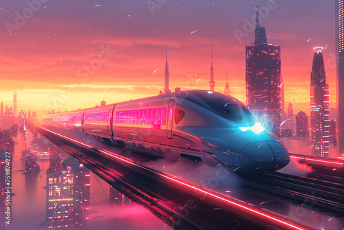 High-speed train approaching in futuristic city during sunset. Digital art style with dynamic motion and vibrant lighting. Urban transportation and travel concept. Design for poster  banner  wallpaper
