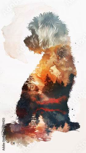 Double Exposure of Bichon Frise Silhouette and Park Scenery in Watercolor Art Gen AI photo