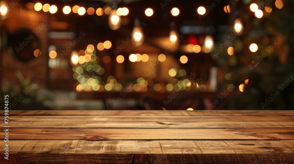 Image of wooden table in front of abstract blurred restaurant lights background. 
