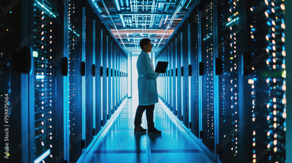 Focused IT professional using a laptop while standing in a server room with racks of network equipment illuminated by blue lights