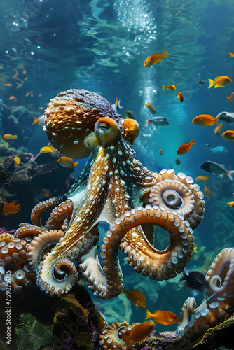 An octopus and underwater panorama.generative ai
