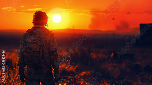 Survivor, tattered shirt, lone wanderer, standing strong in barren wasteland, post-apocalyptic setting, realistic, golden hour, depth of field bokeh effect