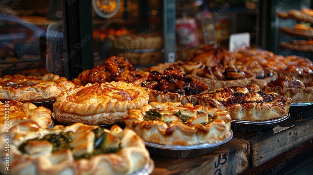Golden, flaky pies with a variety of savory and sweet fillings are showcased in a local bakery, tempting passersby with their homemade appearance.