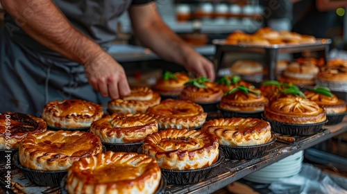 A skilled baker carefully arranges freshly baked artisan pies, garnished with herbs, on a display shelf in a cozy bakery setting.