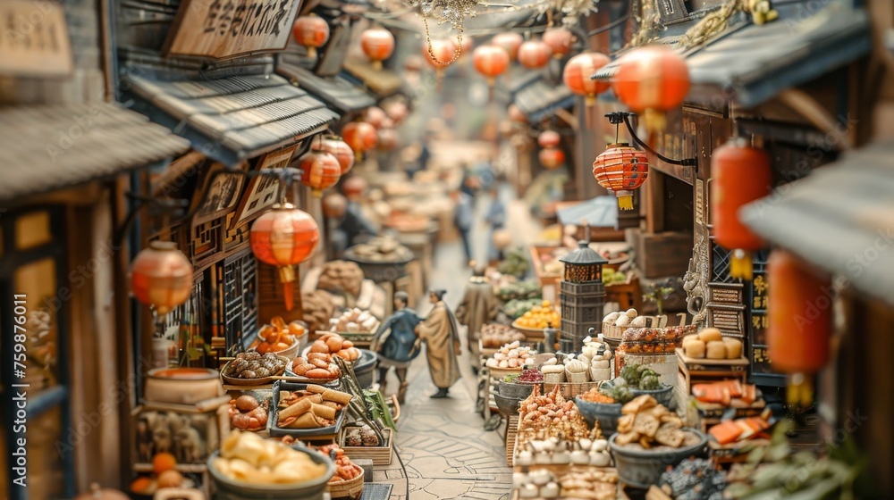 A finely crafted miniature model captures the vibrant essence of a traditional Asian street market with intricate details and lively colors.