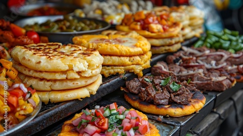 A colorful street food stand showcases a delicious spread of grilled arepas, meats, and fresh toppings, inviting passersby to indulge.