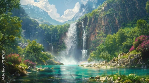 A captivating landscape featuring a powerful waterfall amidst mountains, with blooming flora and a tranquil turquoise lake.