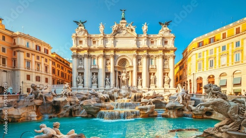View of the iconic trevi fountain in rome, italy, showcasing its intricate baroque architecture against a clear blue sky 