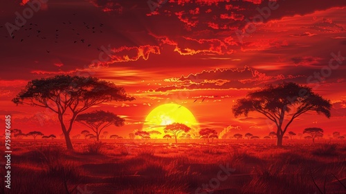 Digital artwork of a serene African savanna sunset  silhouetted wildlife  and a striking red sky with birds in flight.
