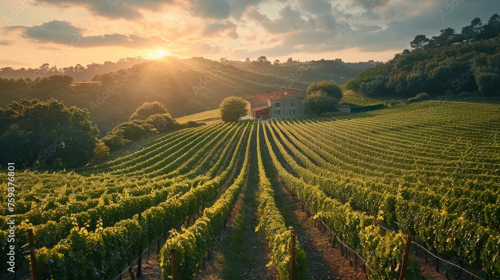 The golden sun sets behind the rolling hills of a lush vineyard, casting a warm glow over the grapevines.