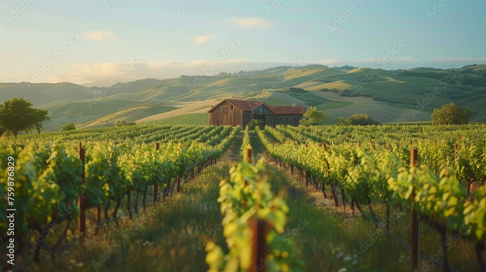 Morning sun rays bathe a Tuscan vineyard, highlighting the lush green vines and an old rustic farmhouse.
