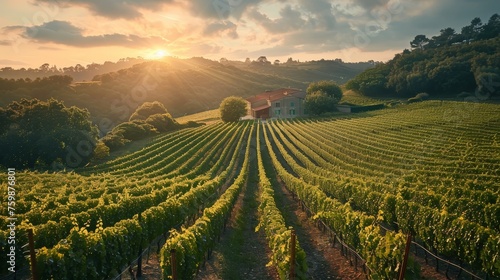 The golden sun sets behind the rolling hills of a lush vineyard, casting a warm glow over the grapevines. photo
