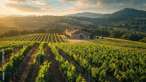 Early morning sun rays spill over a vast vineyard, highlighting the vibrant green grapevines and the estate nestled among the hills.