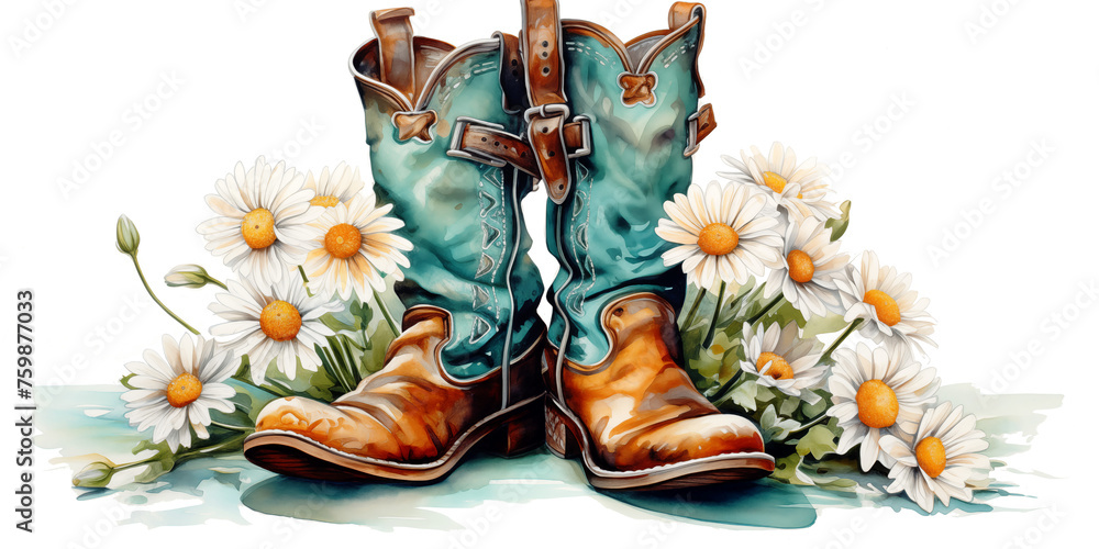 turquoise cowboy boots with a Shasta daisy floral bouquet in a side view PNG, in a Country decor-themed, isolated, and transparent watercolor illustration.  Generative ai - obrazy, fototapety, plakaty 