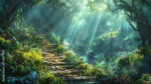 Sunbeams pierce the canopy, illuminating an ancient stone stairway in a lush, mystical forest filled with flowering plants.