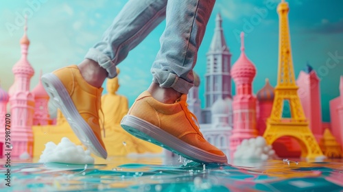 Dynamic perspective of a traveler sneakers on a vibrant, colorful street with collage images of important landmarks