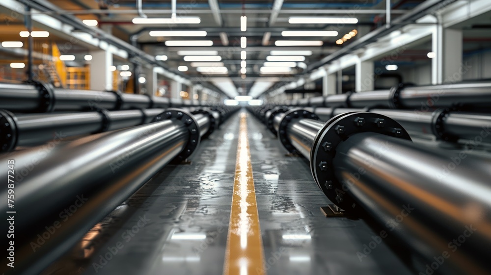 Precision and symmetry in industrial pipeline factory with focused lighting