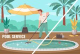 Pool Service Cartoon Composition With Man Cleaning Swimming Outdoor Pool With Vacuum Cleaner Vector